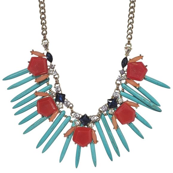 Ann Taylor Loft Faux Turquoise Talon and Rhinestone Statement Necklace Jewelry - Picture 1 of 7